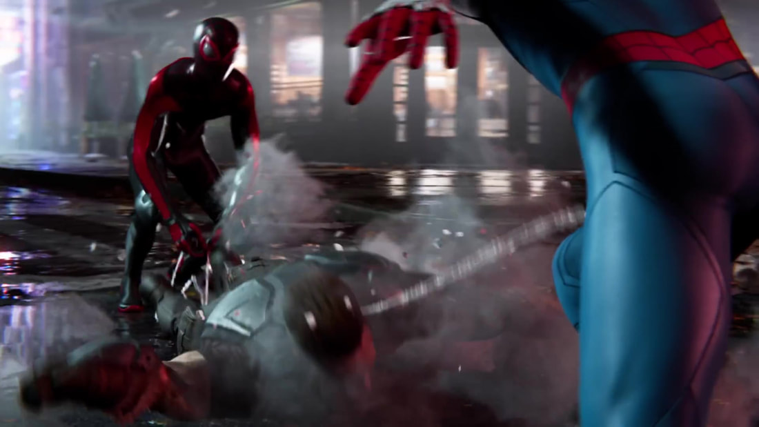 In diesem Screenshot sieht man Spider-Man, wie er sich mit einer Gruppe von Feinden in einem brutalen Nahkampf befindet.